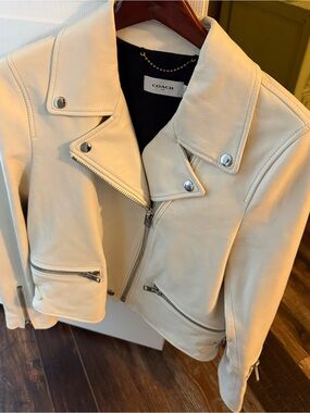 Coach White Leather Moto Jacket with Silver Hardware